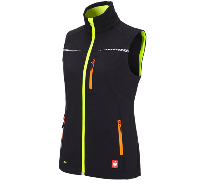 Main view, Overview of the e.s. collections, Softshell bodywarmer e.s.motion 2020, ladies', black/high-vis yellow/high-vis orange