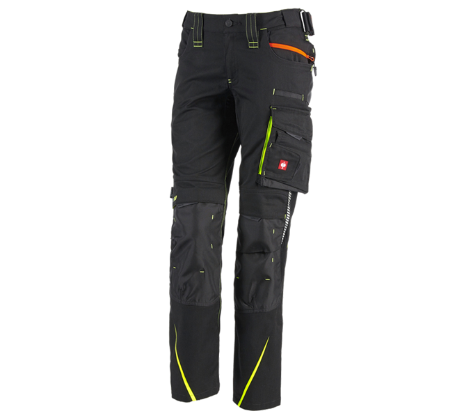 Main view, Overview of the e.s. collections, Ladies' trousers e.s.motion 2020 winter, black/high-vis yellow/high-vis orange