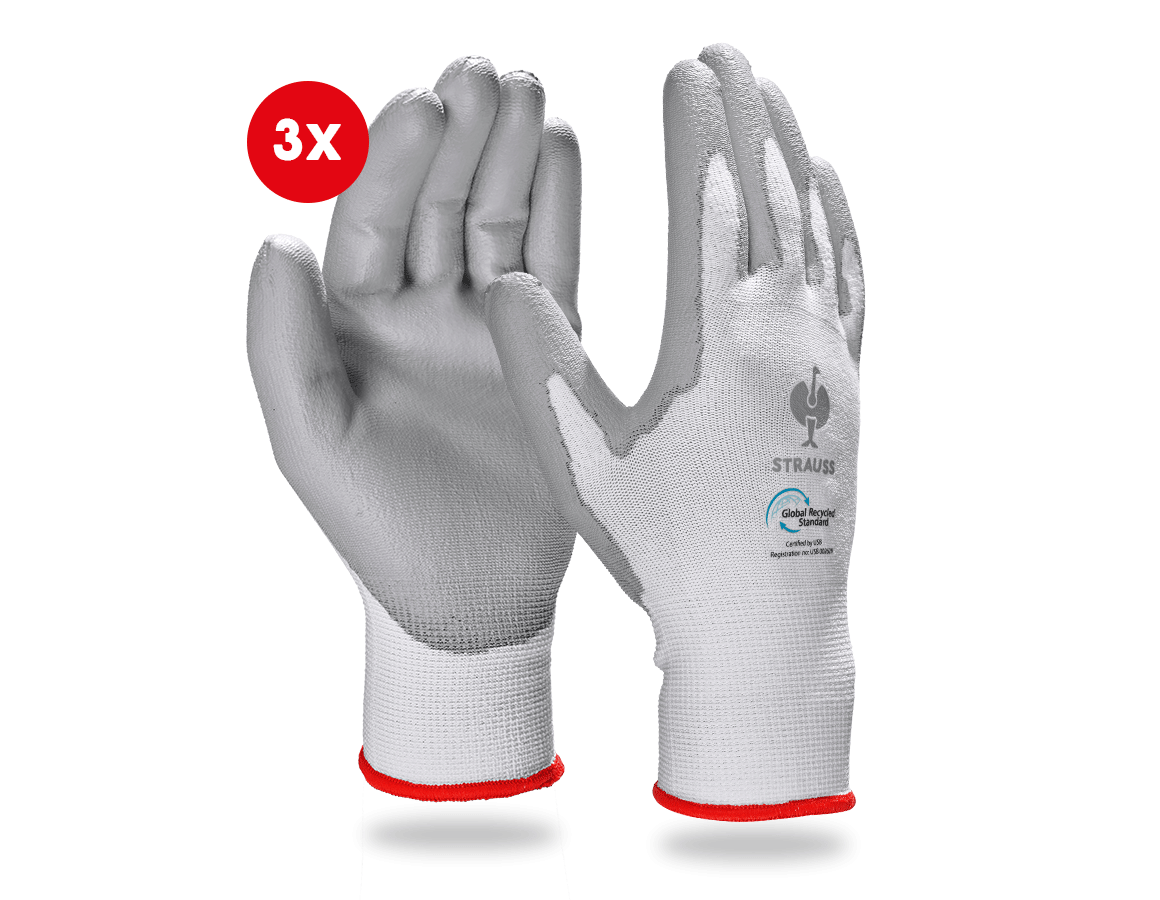 Coated: e.s. PU gloves recycled, 3 pairs + grey/white