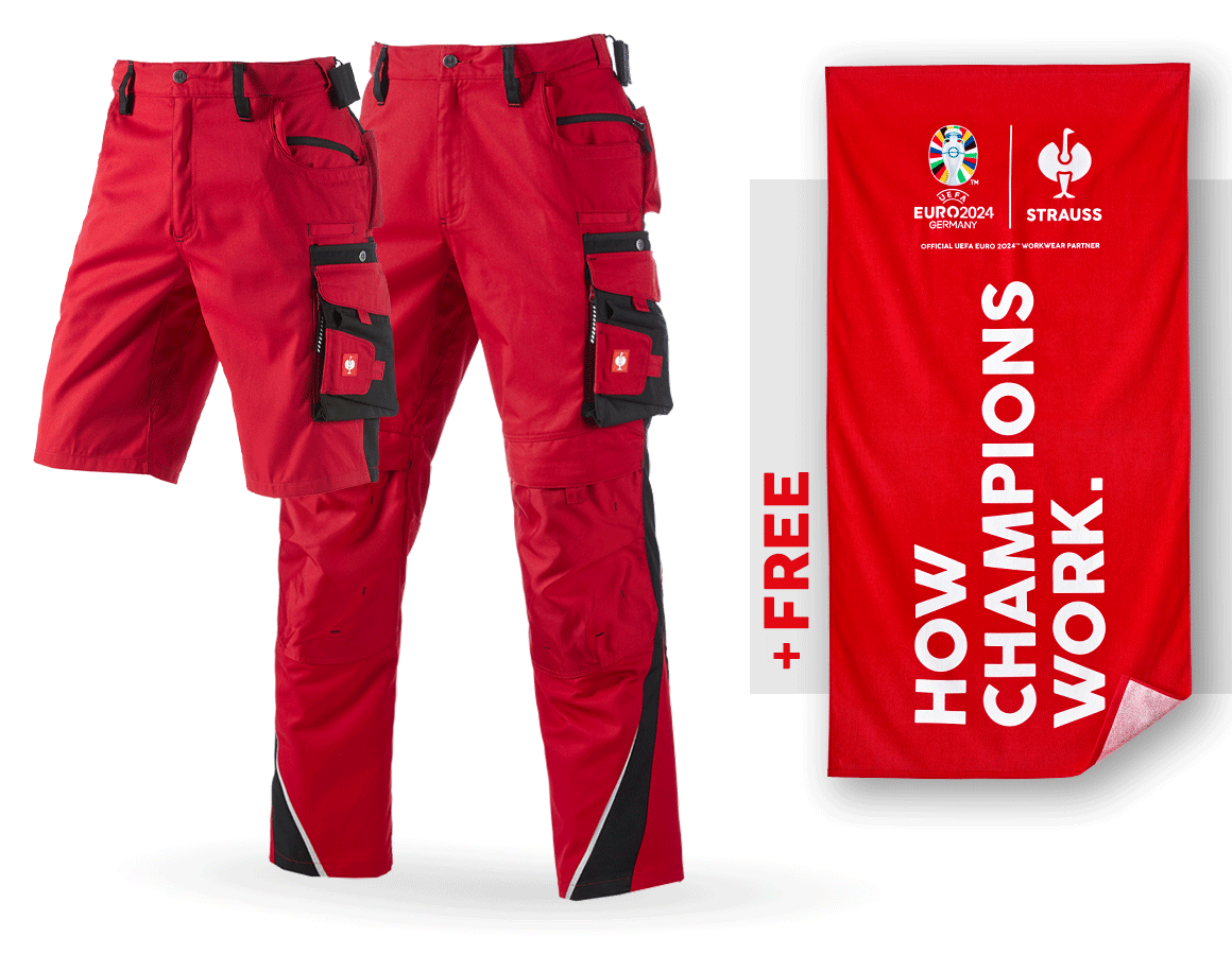 Collaborations: SET: Trousers e.s.motion + shorts + towel + red/black