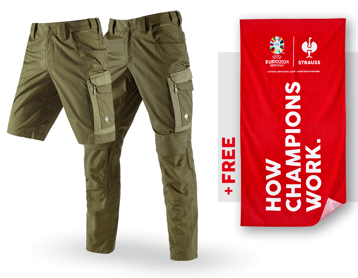 Collaborations: SET: Trousers e.s.concrete light + shorts + towel + mudgreen/stipagreen