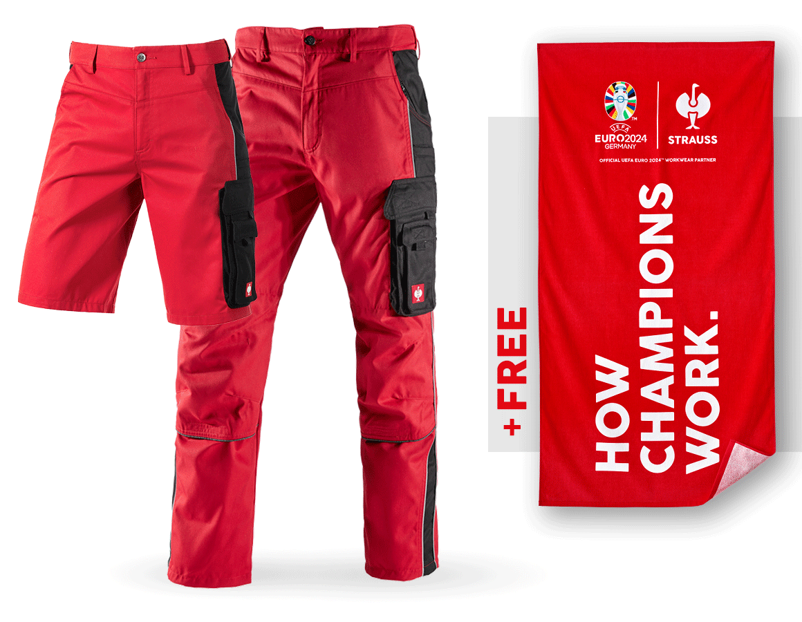 Collaborations: SET: Trousers e.s.active + shorts + towel + red/black