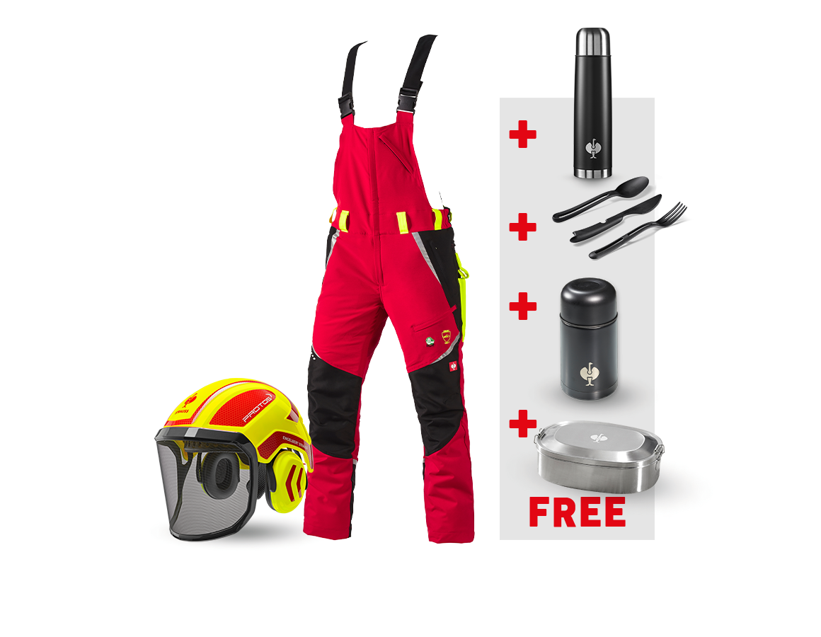 Clothing: SET: e.s. Forestry cut prot. bib&brace KWF+ helmet + red/high-vis yellow