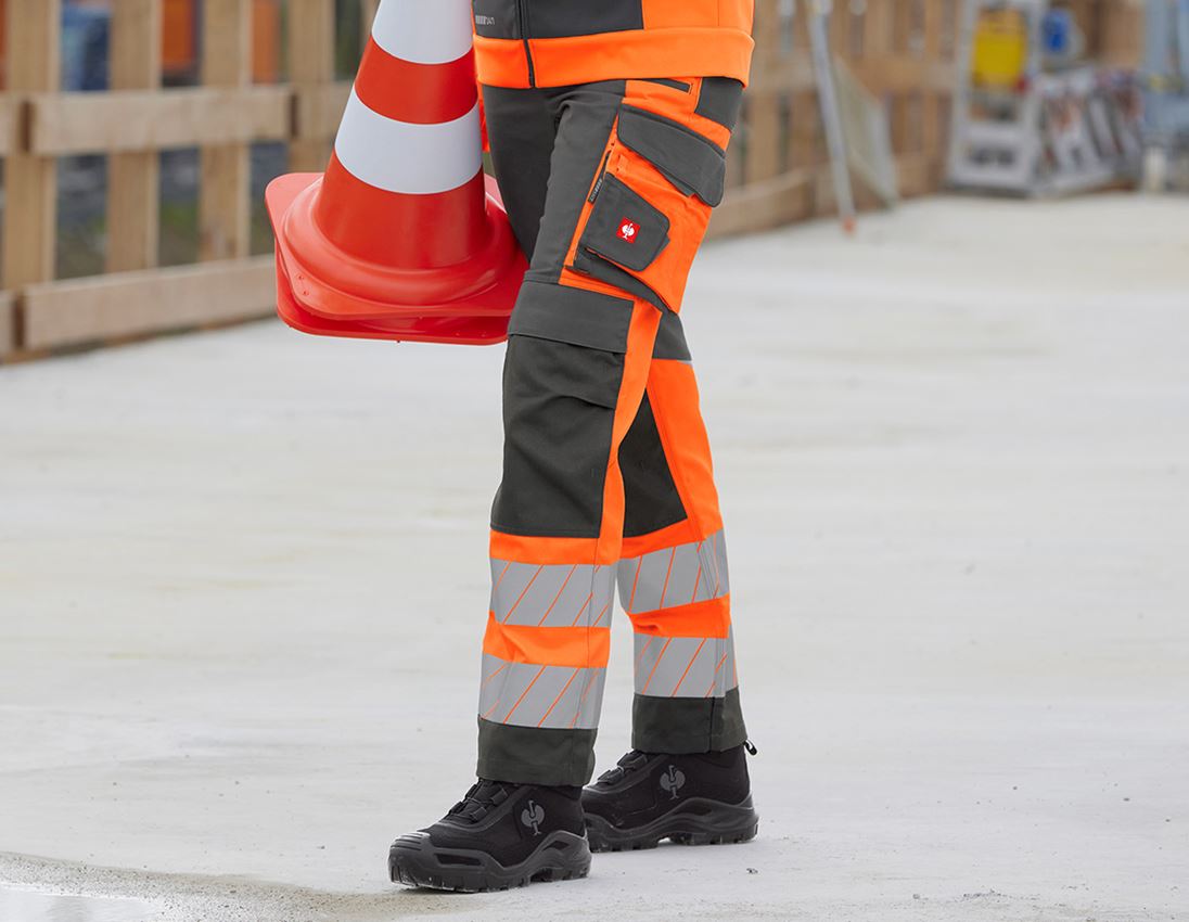 Work Trousers: High-vis trousers e.s.motion 24/7, ladies’ + anthracite/high-vis orange