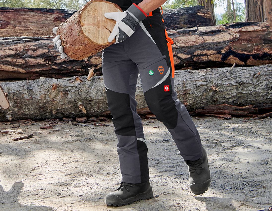 Work Trousers: e.s. Forestry cut protection trousers, KWF + grey/high-vis orange