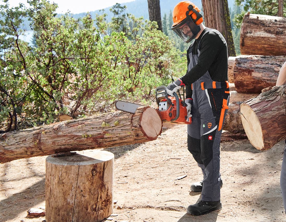 Clothing: SET: e.s. Forestry cut prot. bib&brace KWF+ helmet + grey/high-vis orange