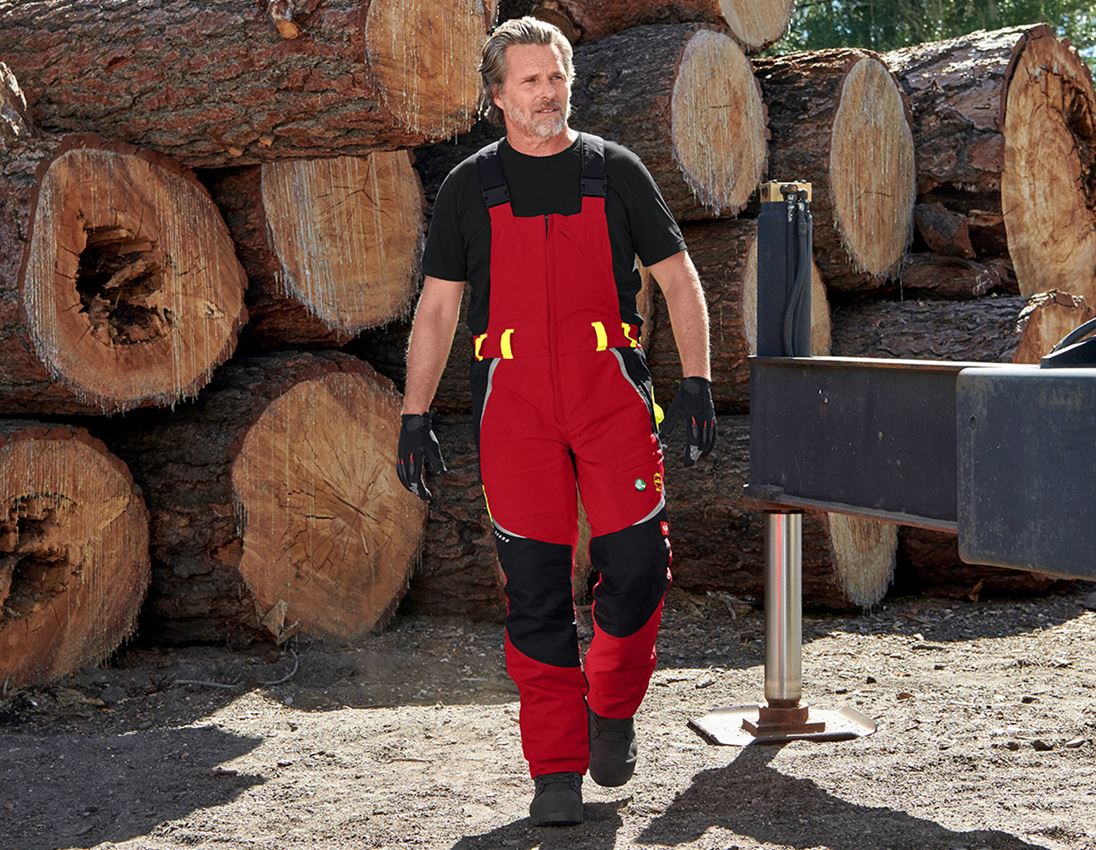 Clothing: SET: e.s. Forestry cut prot. bib&brace KWF+ helmet + red/high-vis yellow