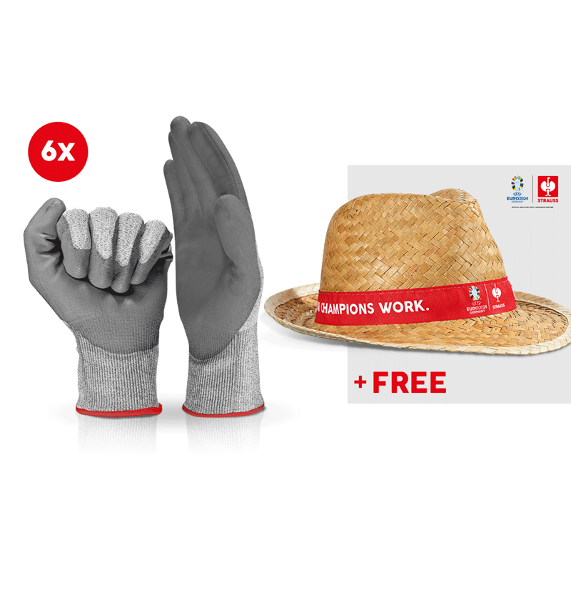 Personal Protection: 6x PU cut protection gloves, cut C + EURO2024 Hat