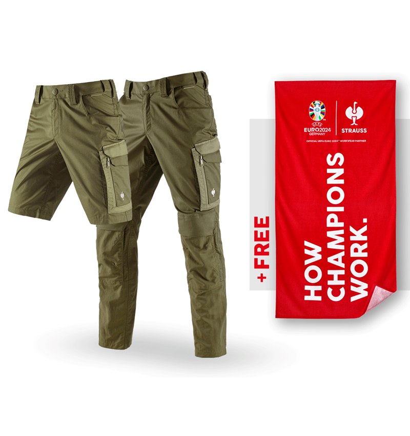 Clothing: SET: Trousers e.s.concrete light + shorts + towel + mudgreen/stipagreen