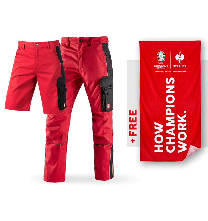 Collaborations: SET: Trousers e.s.active + shorts + towel + red/black