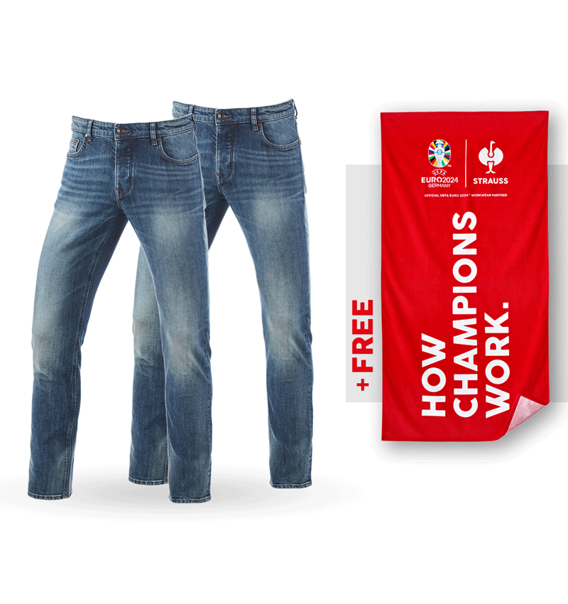 Clothing: SET: 2x e.s. 5-Pocket-Stretch slim jeans + towel + mediumwashed